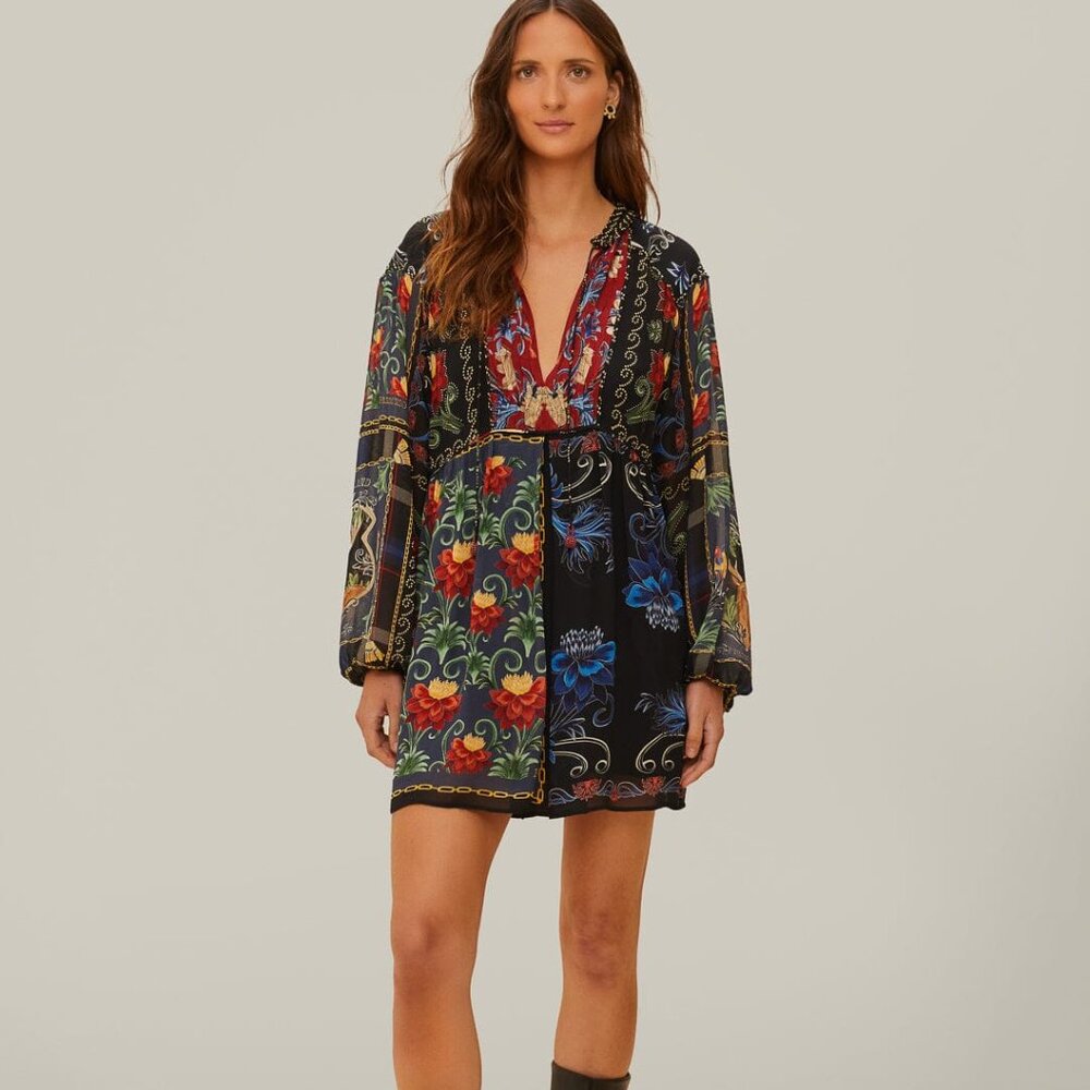 FARM Rio Black Mixed Arabesque Scarves Long Sleeve Mini Dress - Size Large